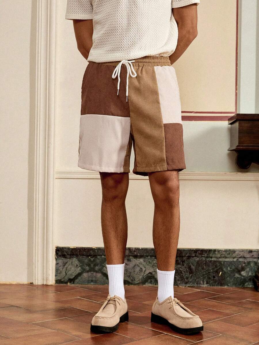 SWAVVY 男式拼色抽绳腰灯芯绒短裤，宽松版型 - 彩色 - 查看 1
