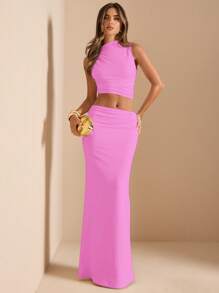 SHEIN BAE 2pcs Knit Set: Sleeveless Asymmetrical Twist Pleat Shoulder Tank Top And Low Waist Ruched Pencil Skirt, White, Suitable For Wedding Bridesmaid, Back To School, Graduation, Vacation - Pink - View 3