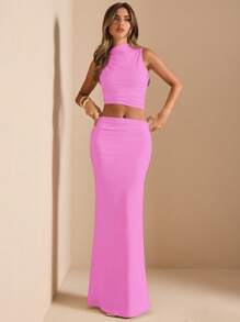 SHEIN BAE 2pcs Knit Set: Sleeveless Asymmetrical Twist Pleat Shoulder Tank Top And Low Waist Ruched Pencil Skirt, White, Suitable For Wedding Bridesmaid, Back To School, Graduation, Vacation - Pink - View 5