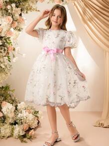 Tween 女童刺绣网眼泡泡袖蝴蝶结公主裙，优雅适合派对、婚礼、伴娘、度假 - 白色 - 查看 6