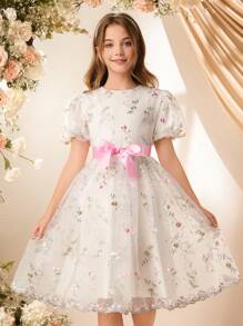 Tween 女童刺绣网眼泡泡袖蝴蝶结公主裙，优雅适合派对、婚礼、伴娘、度假 - 白色 - 查看 7