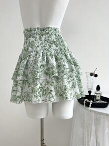 Elamini Waist Gathering Ditsy Floral Green Skirt, Fashionable For Summer