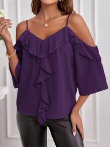 SHEIN Clasi 女士纯色露肩荷叶边春季衬衫 - 紫色 - 查看 3