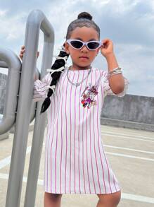 SHEIN Casual Cartoon Print Short Sleeve Knit Dress For Young Girls, Loose Comfortable Versatile Daily Wear Cartoon Tshirt Dress - Pink - View 3