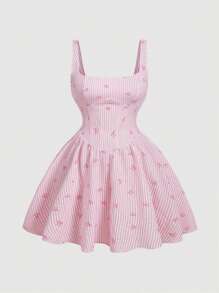 SHEIN MOD Đầm ngắn dễ thương họa tiết nơ sọc hồng cỡ lớn cho nữ - Hồng - Xem 2