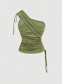 SHEIN MOD Plus Size Women's Olive Green Summer Elegant Wedding Guest Top,Drawstring Oblique Shoulder Cinched Waist Camisole,Bohemian Holiday Blouse - Green - View 8