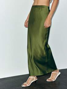 Lumivelle 女士优雅休闲缎面高腰弹力直筒绿色半身裙