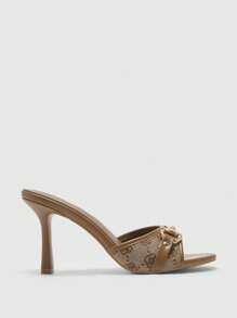 CUCCOO BIZCHIC 棕色 PU 皮革混合金扣装饰 3.5 英寸高跟圆头复古穆勒凉鞋