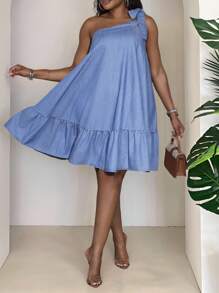 Slaydiva Vestido de peto de mezclilla talla grande, con hombro sexy descubierto, suelto y corto, vestidos de primavera azules para mujeres - vestidos de verano para mujer, vestido con volantes de un hombro, vestido casual, vestido bohemio, vestido de vacaciones, vestido tropical, vestido para salir, vestido de hada, conjuntos de vacaciones en la playa, vestido de playa