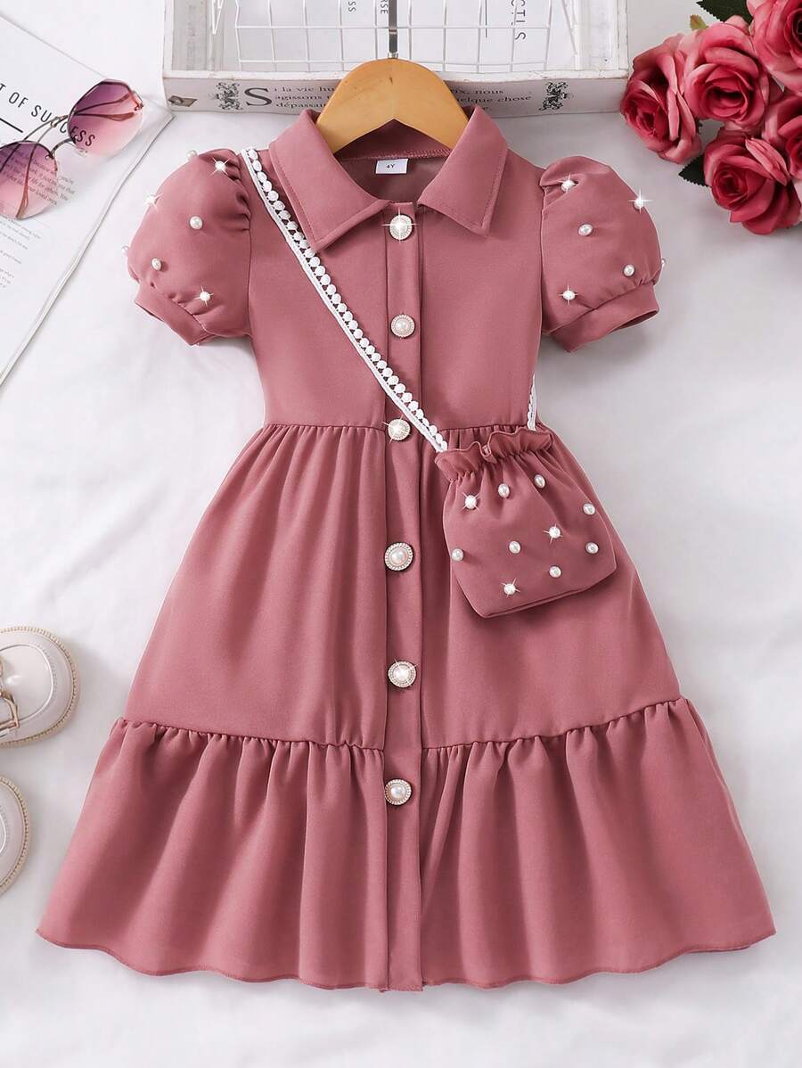 女童纯色领泡泡袖前开可爱夏季连衣裙，配迷你包 - 藕粉色 - 查看 1