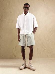 SUMWON Quần short thể thao thường ngày bằng vải cotton pha sọc mùa hè có thêu logo thương hiệu nhỏ, quần dài đi biển mùa xuân thiết yếu - màu xanh lá - Xem 3