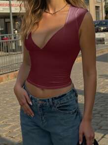 INAWLY Camiseta de mujer de cuello en V profundo, manga corta y color liso, casual de verano