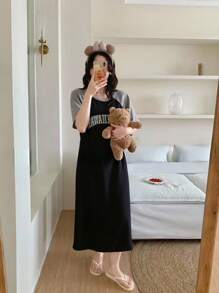 Youth Girls' Simple Black Background Grey Raglan Sleeve Front English Letter Graphic Print Crew Neck Short Sleeve Pajama Set - Black - View 1