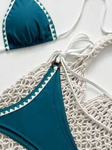 SHEIN Đồ bơi viền vỏ sò màu xanh quân đội dành cho nữ - Màu xanh lam - Xem 8