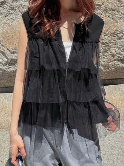 FRIFUL Women's T-Shirt With Zip-Up Mesh Layered Ruched Design, Loose Casual Versatile Summer Holiday Music Festival