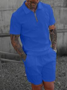 Manfinity Homme Men's Fashionable 3D Textured Casual Polo Set - Blue - View 3