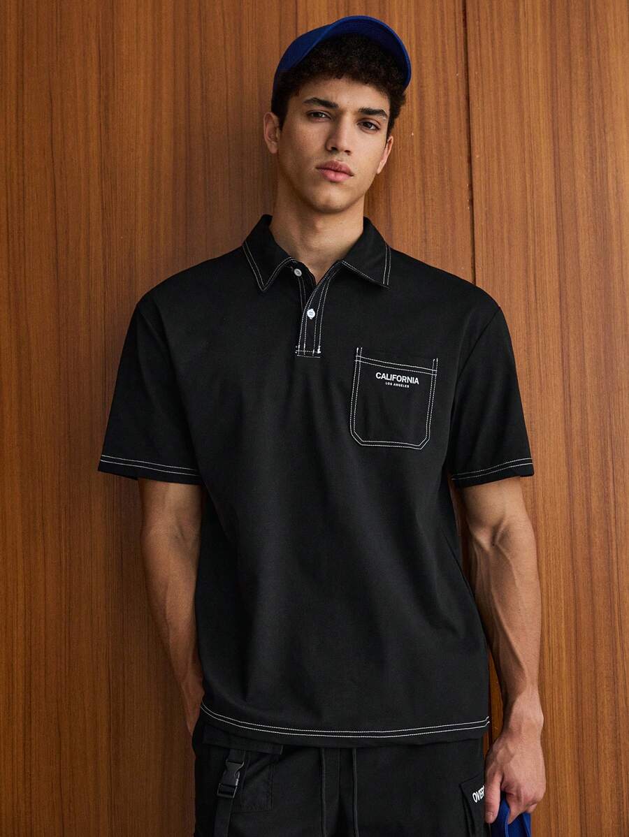 SWAVVY 宽松版型男式字母图案撞色针脚 Polo 衫 - 黑色 - 查看 1