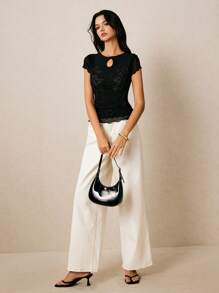 Poéselle Áo thun nữ thanh lịch có họa tiết hoa và nút, mùa hè - màu đen - Xem 4