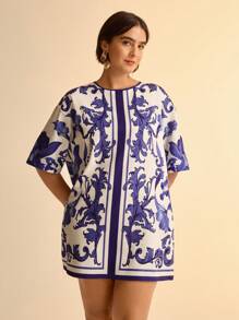 CAJUNI Đầm thun cổ tròn in họa tiết hoa nhiệt đới Boho cỡ lớn cho nữ cỡ lớn, màu xanh và trắng - Nhiều màu - Xem 8