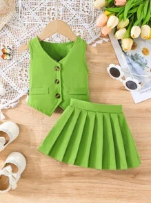 2 件套女婴夏季背心和迷你裙套装 - 綠色 - 查看 3
