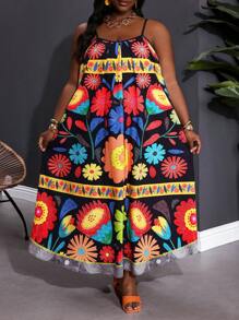 SHEIN CURVE+ 大码假日休闲全身花卉印花吊带裙夏季/乡村/海滩度假装/沙滩装/沙滩装