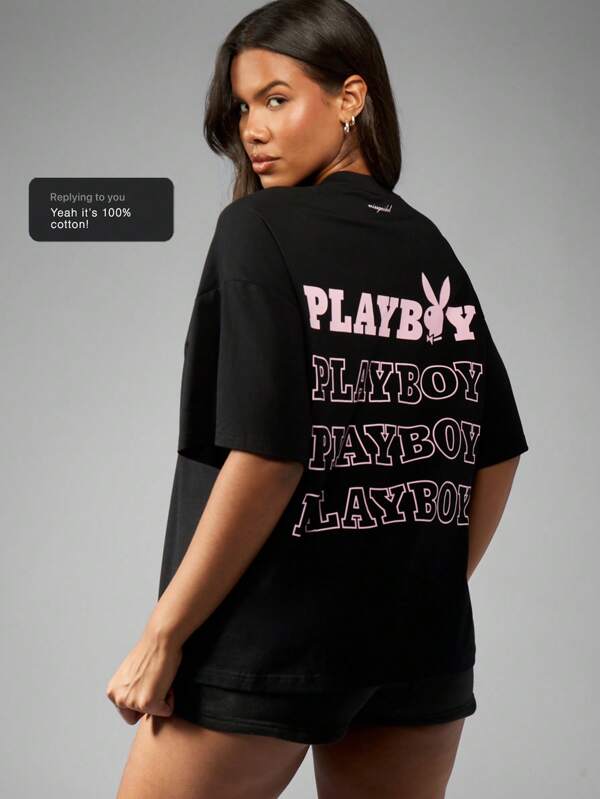 Missguided x Playboy Tricou supradimensionat, lenjerie de casă, pijamale, imprimeu grafic, logo, streetwear, casual, vară, sport, urban, weekend, confort, modă Y2K