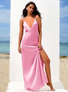 Opulessa Valentine Day 1pc Women's Solid Color Woven V-Neck Sleeveless Maxi Fish Tail Dress - Pink - View 5