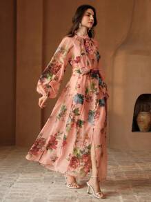 春季、夏季、优雅、度假、约会之夜、花卉 Anewsta 女士度假花卉印花灯笼袖优雅连衣裙 - 藕粉色 - 查看 3