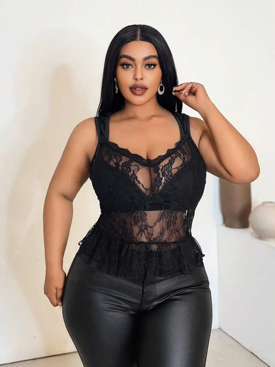 Maweii 大码女式黑色蕾丝吊带背心 - 黑色 - 查看 1