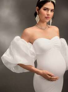 Cheriluna Maternity 孕妇拍照礼服/优雅派对礼服/迎婴派对礼服 - 褶饰露肩修身针织连衣裙 - 白色 - 查看 5
