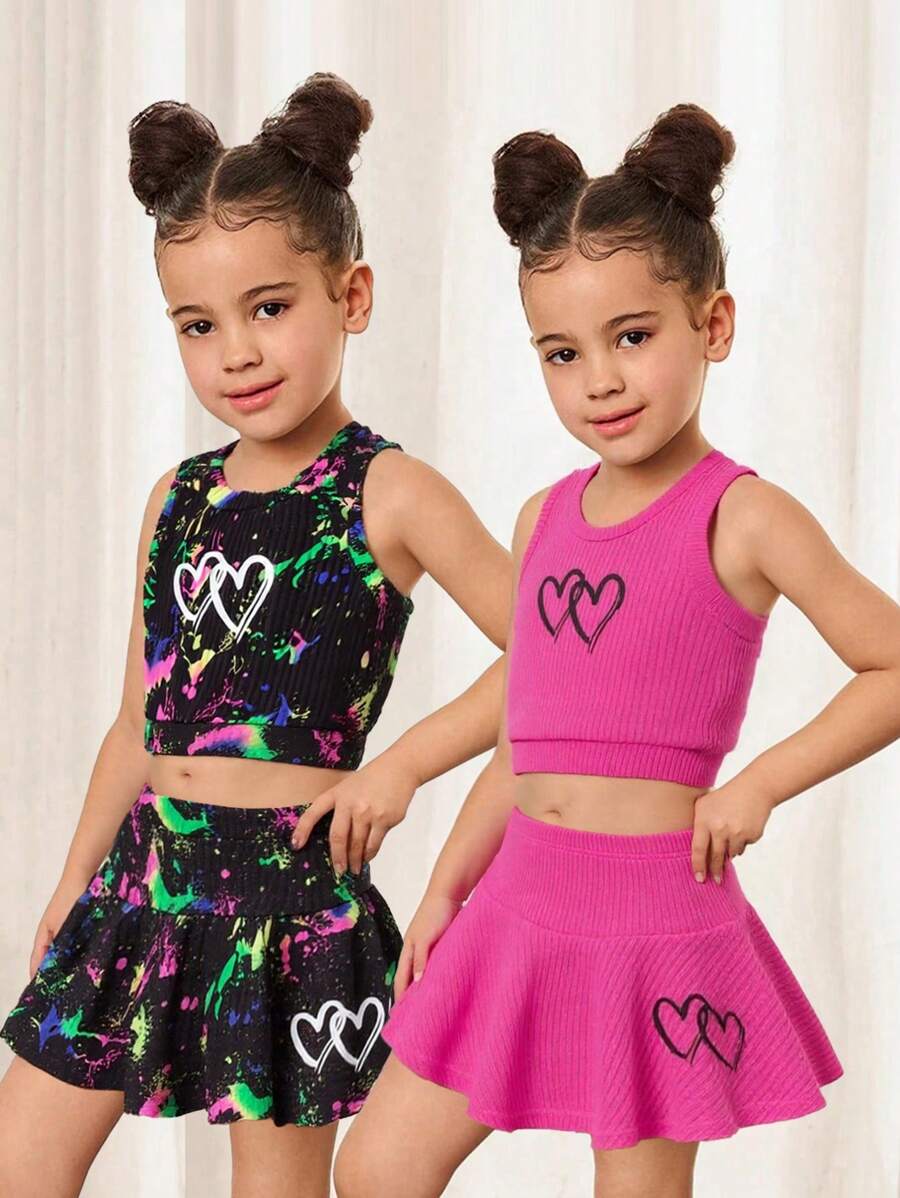 Conjunto de camiseta de manga corta con cuello redondo y falda mini de moda para niña joven en verano - Multicolor - Ver 1