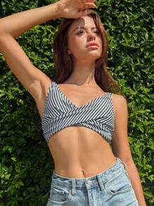 Swim Mod 1pc Women's Black & White Striped Printed Criss-Cross Front Swimwear Top For Summer Beach Vacation