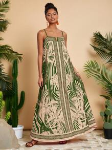 Travachic Vestido de tirantes sueltos con estampado de palmeras para mujer, ideal para vacaciones - Verde - Ver 8