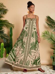 Travachic Vestido de tirantes sueltos con estampado de palmeras para mujer, ideal para vacaciones - Verde - Ver 9