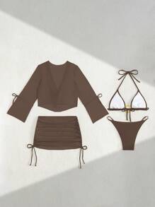 Swim SXY 4 件套，包括纯色三角形细肩带比基尼、透明宽松长袖套头衫和褶饰腰部系带迷你裙，性感优雅海滩假日派对吊带细肩带泳衣 - 棕色 - 查看 5