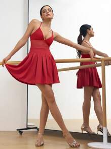Menodora SHEIN Sport Women Solid Color Mesh Patchwork Sleeveless Sports Dress Latin Dancewear - Red - View 6