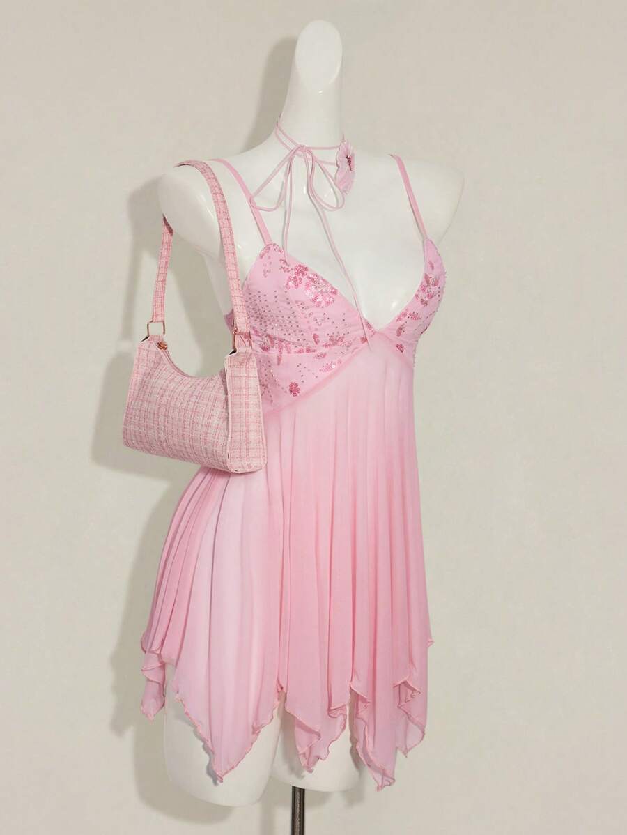 SHEIN ICON Váy ngắn hai dây xếp nếp cổ chữ V thêu kim sa màu hồng cho nữ, ôm sát gợi cảm, váy dự tiệc dành cho nữ - Hồng - Xem 1