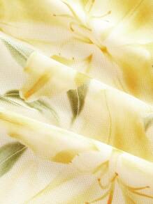 SHEIN MOD 大码女式春夏露肩斜肩花卉印花上衣 T 恤，优雅、正式、约会、派对、日常、浪漫 - 黃色 - 查看 11