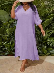 Slaydiva Plus Size Vacation Beach Solid Color Side Slit Cover-Up Dress For Summer - Mauve Purple - View 4