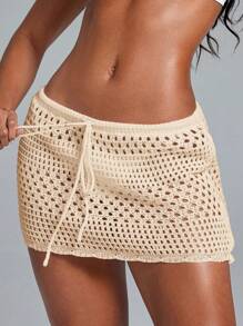 Swim Lushoire 波浪下摆海滩短款罩衫，几何穿孔图案 - 杏色 - 查看 4