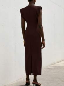 Aveloria Modichic Women's Hollow Metallic Buckle Waist Exaggerated Shoulder Dress - Brown - View 6