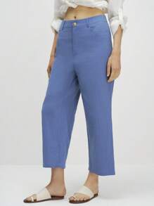 Airaco Quần dài cotton xanh thường ngày cho nữ, màu trơn thời trang, thích hợp cho mùa hè - Màu xanh lam - Xem 4