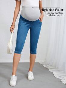 SHEIN 孕妇装蓝色口袋紧身休闲牛仔裤（夏季） - 中等水洗藍 - 查看 4