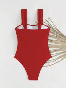 Swim Basics Women Solid Color Ruched Strap Simple One-Piece Swimsuit, Festival Boho For Summer Beach Vacation