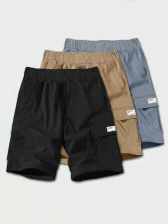 SHEIN Set de 3 piezas de pantalones cortos informales de red tejida de unicolor versátil y básica para adolescentes varones, adecuada para primavera y verano. Compre uno y llévese dos gratis, obtenga tres.