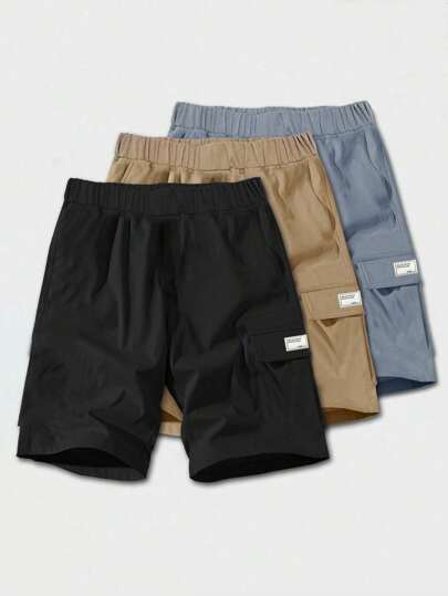 SHEIN Set de 3 piezas de pantalones cortos informales de red tejida de unicolor versátil y básica para adolescentes varones, adecuada para primavera y verano. Compre uno y llévese dos gratis, obtenga tres.