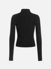 Camiseta de manga larga con cuello de tortuga de punto nervado suave y agujero para el pulgar, unicolor, para adolescentes - Negro - Ver 2