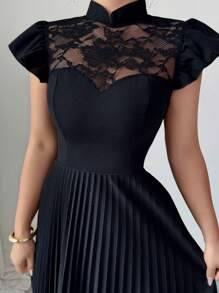 Elenzga Women's Elegant Romantic Dress With Peplum Sleeves, Stand Collar, Waist Gather, Contrast Lace - Black - View 4