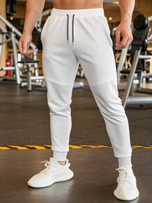 Manfinity Homme Men's Solid Color Sweatpants, Fashionable Summer White Joggers, Athletic Breathable Stretchy Sweatpants For Gym