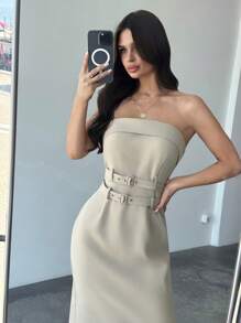 Firerie Nuevo estilo de vestido casual y elegante de verano con apariencia de lino, con doble cinturón, hombros descubiertos y abertura - Caqui - Ver 8